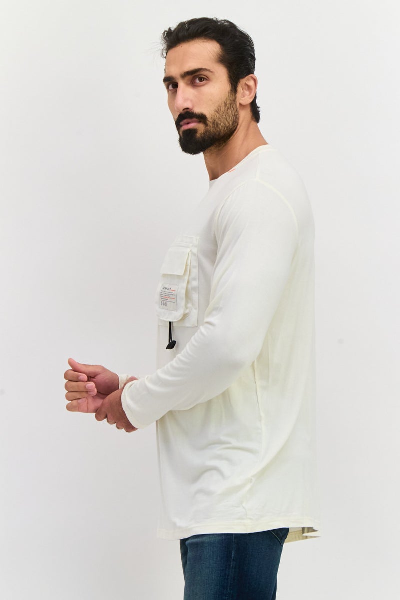 TRIBE OF 6 Men Crew Neck Long Sleeve Brand Logo T-Shirt, Cream - Image 2